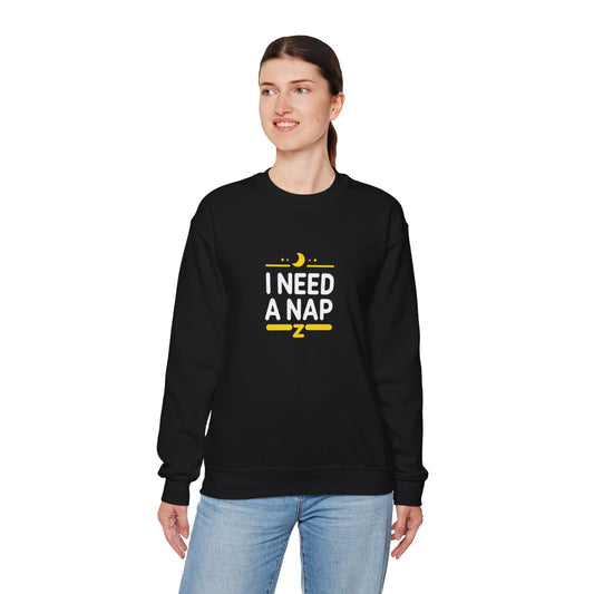 I Need A Nap Crewneck Sweatshirt — Cozy Sleepy Moon Graphic Pullover