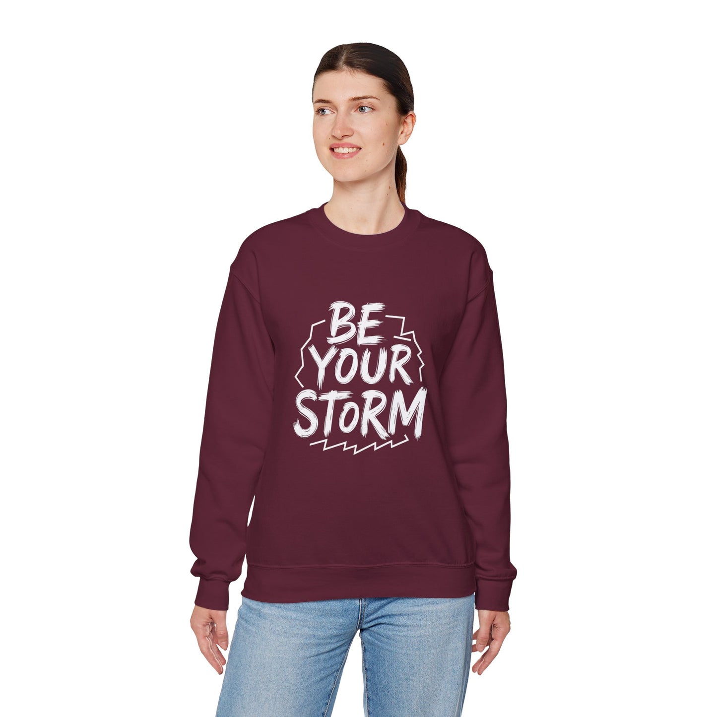 Be Your Storm Crewneck Sweatshirt — Motivational Black Graphic Sweatshirt