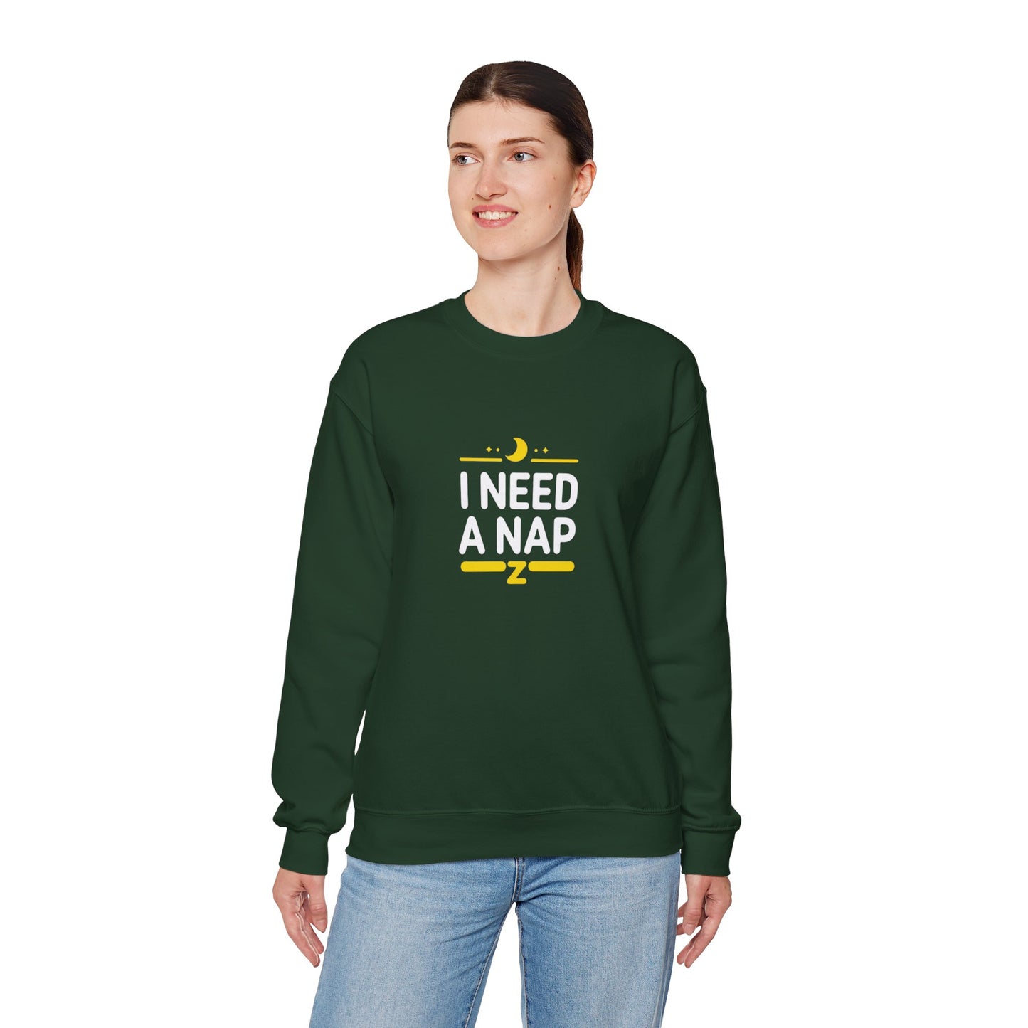 I Need A Nap Crewneck Sweatshirt — Cozy Sleepy Moon Graphic Pullover