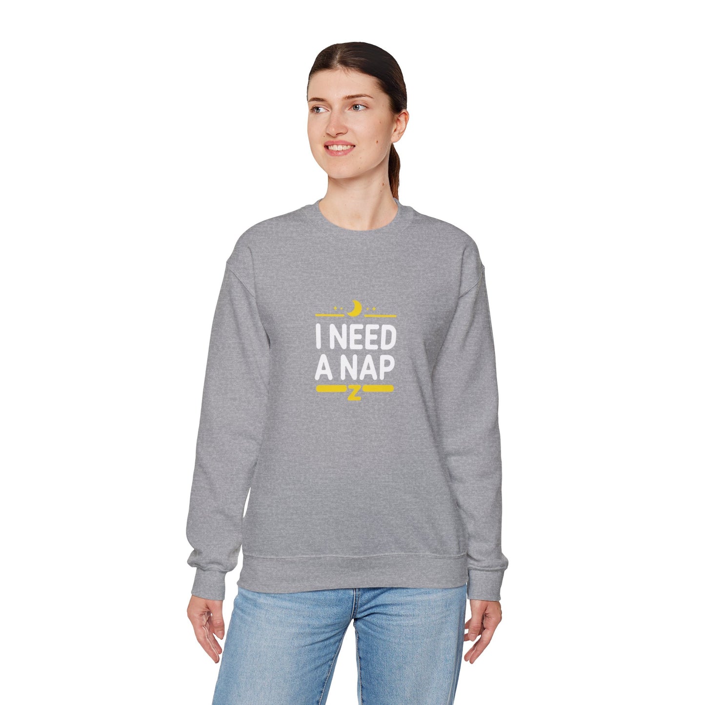 I Need A Nap Crewneck Sweatshirt — Cozy Sleepy Moon Graphic Pullover