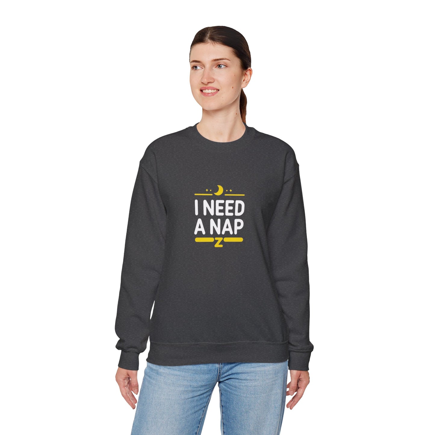 I Need A Nap Crewneck Sweatshirt — Cozy Sleepy Moon Graphic Pullover